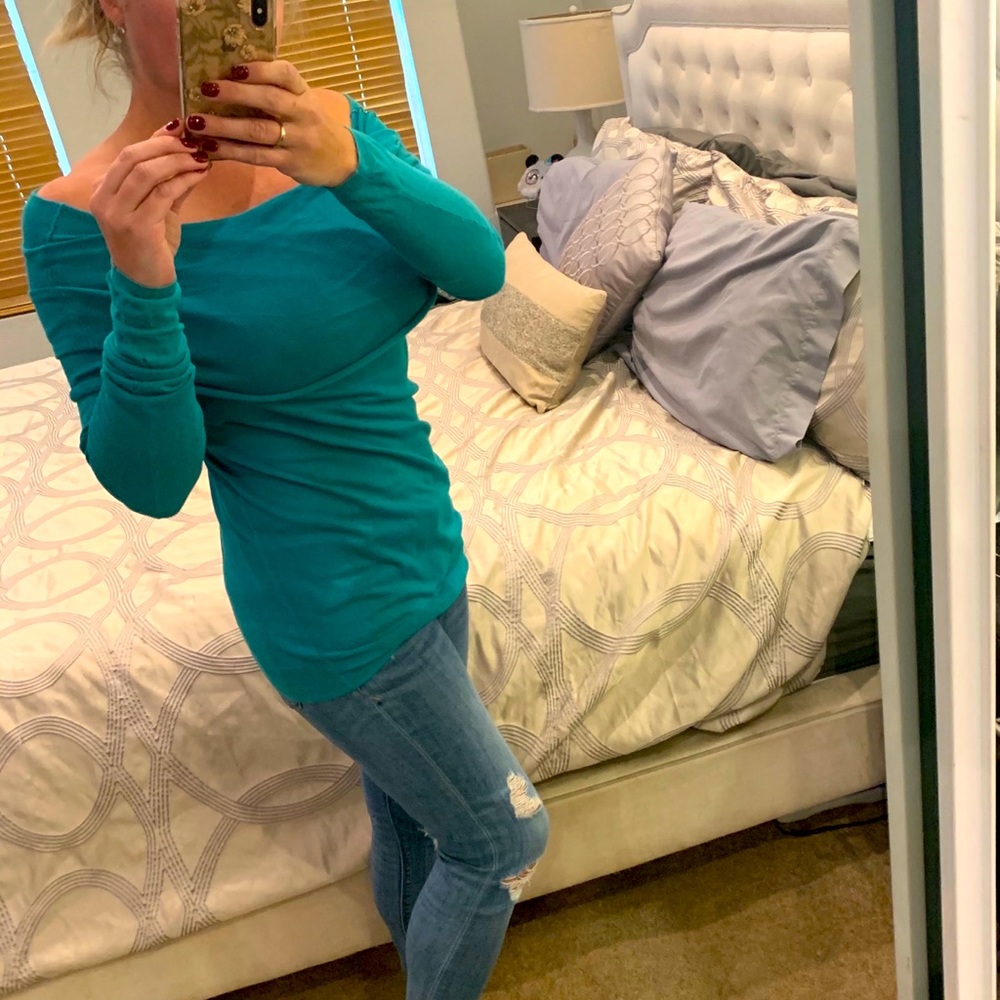 Teal, off-the-shoulder, long sweater